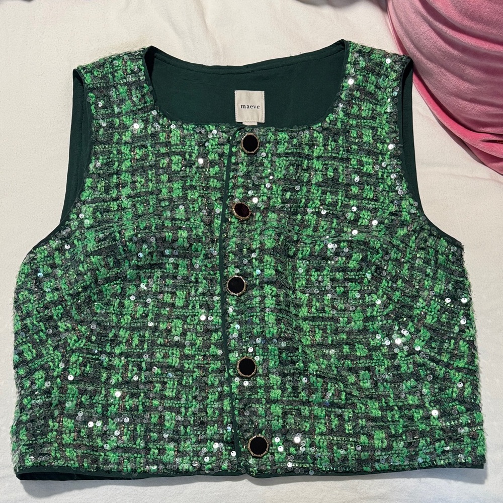 Green Sequin Tweed Vest - Maeve